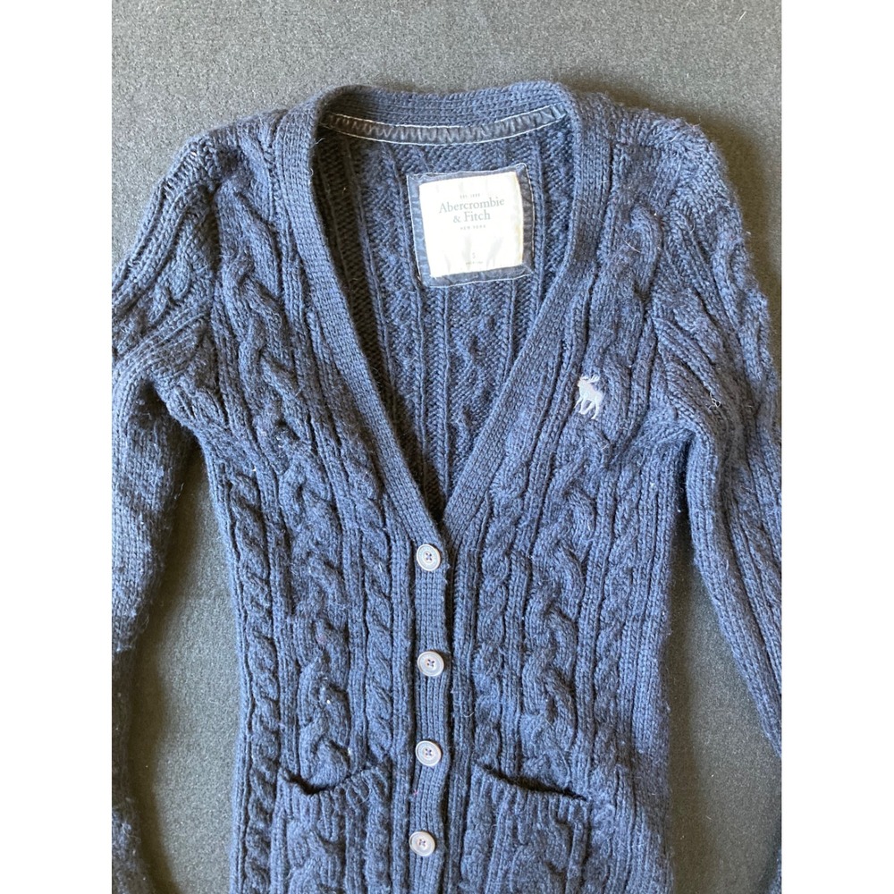 Abercrombie & Fitch Cable Knit Cardigan Sweater Womens Small Navy Blue Moose